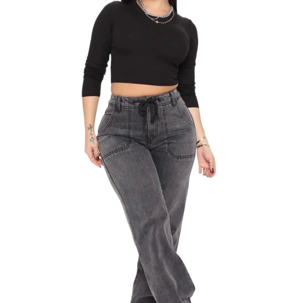 Fashion Nova Venice Gray Wide Leg Drawstring Jeans 5 NWT